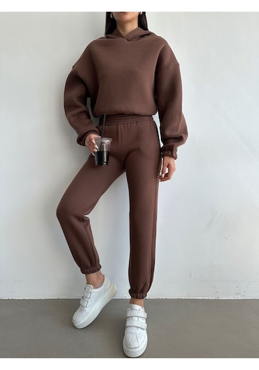 Kadın Pamuklu İçi Polarlı Basic Eşofman Takımı Kahverengi