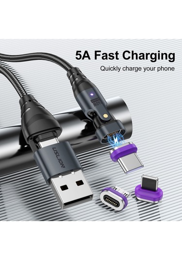 Uslıon Us0204 1m Usb - Tip-c'den Tip-c'ye - Mikro - İp Kablosu Döndürülebilir 240w Manyetik Şarj Kablosu