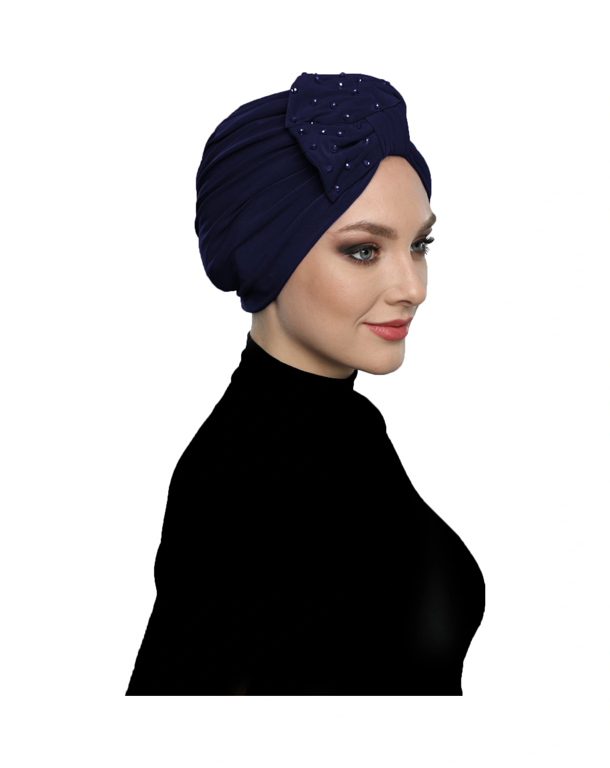 Kristal Yelpaze Taş Işlemeli Çift Taraflı Astarlı Lacivert Hazır Türban Tesettür Abiye Bone Lacivert