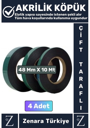 Ultra Güçlü İz Bırakmaz Elastik Kolay Şekil Alan Çift Taraflı Akrilik Köpük Bant 48mmx10 Metre 4adet
