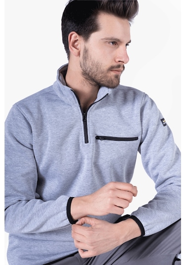 3 İplik Dik Yakalı Fermuarlı Sweatshirt Gri Melanj