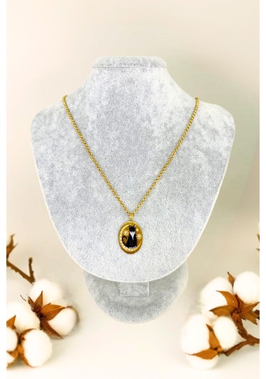 Gold Renkli Kedi Motifli Zirkon Taşlı Çelik Kolye Altın