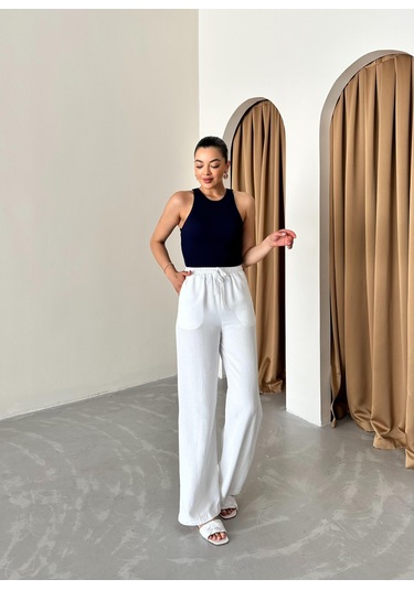 Beyaz Beli Lastikli Pamuklu Keten Pantolon Beyaz