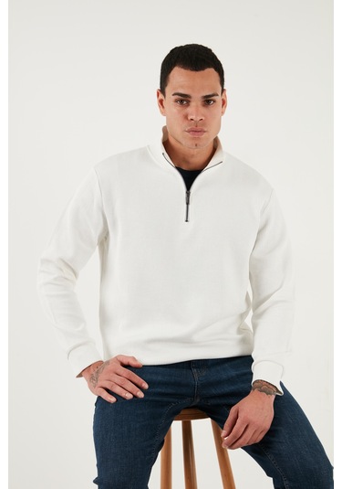 Buratti Pamuklu Regular Fit Yarım Fermuarlı Dik Yaka Erkek Sweat 5905716 Ekru