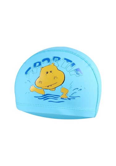 Çocuk Karikatür Hippo Desen Pu Kaplamalı Su Geçirmez Yüzme Şapkası, Desen Rastgele Teslimat Eksik Mavi