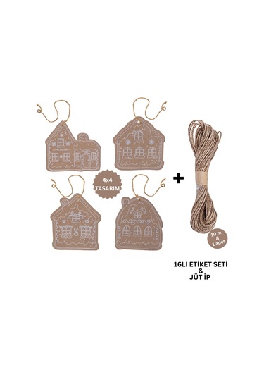 Yılbaşı, Gingerbread Ev Tasarımlı Hediye Etiket & 10m Jüt İp Seti