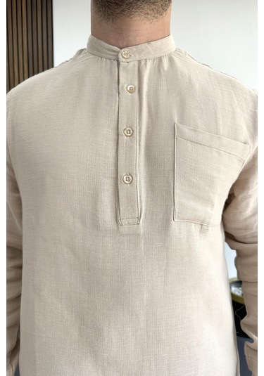Erkek Hakim Yaka Yarım Patlı Cepli Gömlek Bej Edw361 Bej