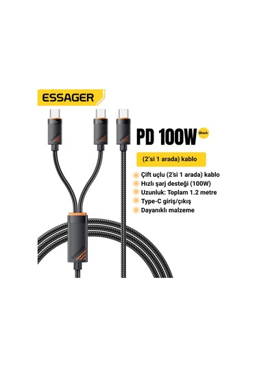 Essager 1.2 Metre 100w 2in1 Type C To 2x Type C Şarj Ve Data Kablosu, Çift Cihaz Desteği, Dayanıklı Örgülü Tasarım,