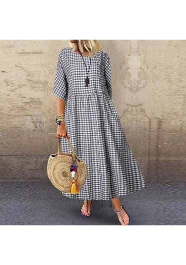 Siyah Zanzea Bayan Kareli Ekose O Yaka Günlük Gevşek Uzun Elbise 4xl Siyah