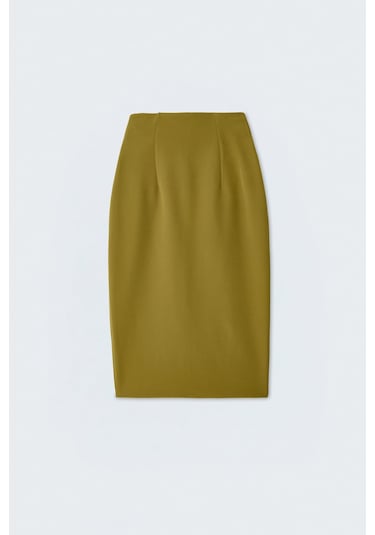 Sateen Düz Kalem Etek - Yağ Yeşili-137385