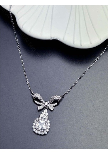 Zirkon Taşlı, Kurdela Figürlü, Tek Taşlı, Kolye 358, Paslanmaz Çelik Kolye Gümüş