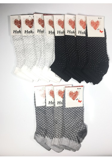 12 Çift Desenli Kadın Patik Çorap 16pat Beyaz - Füme - Siyah