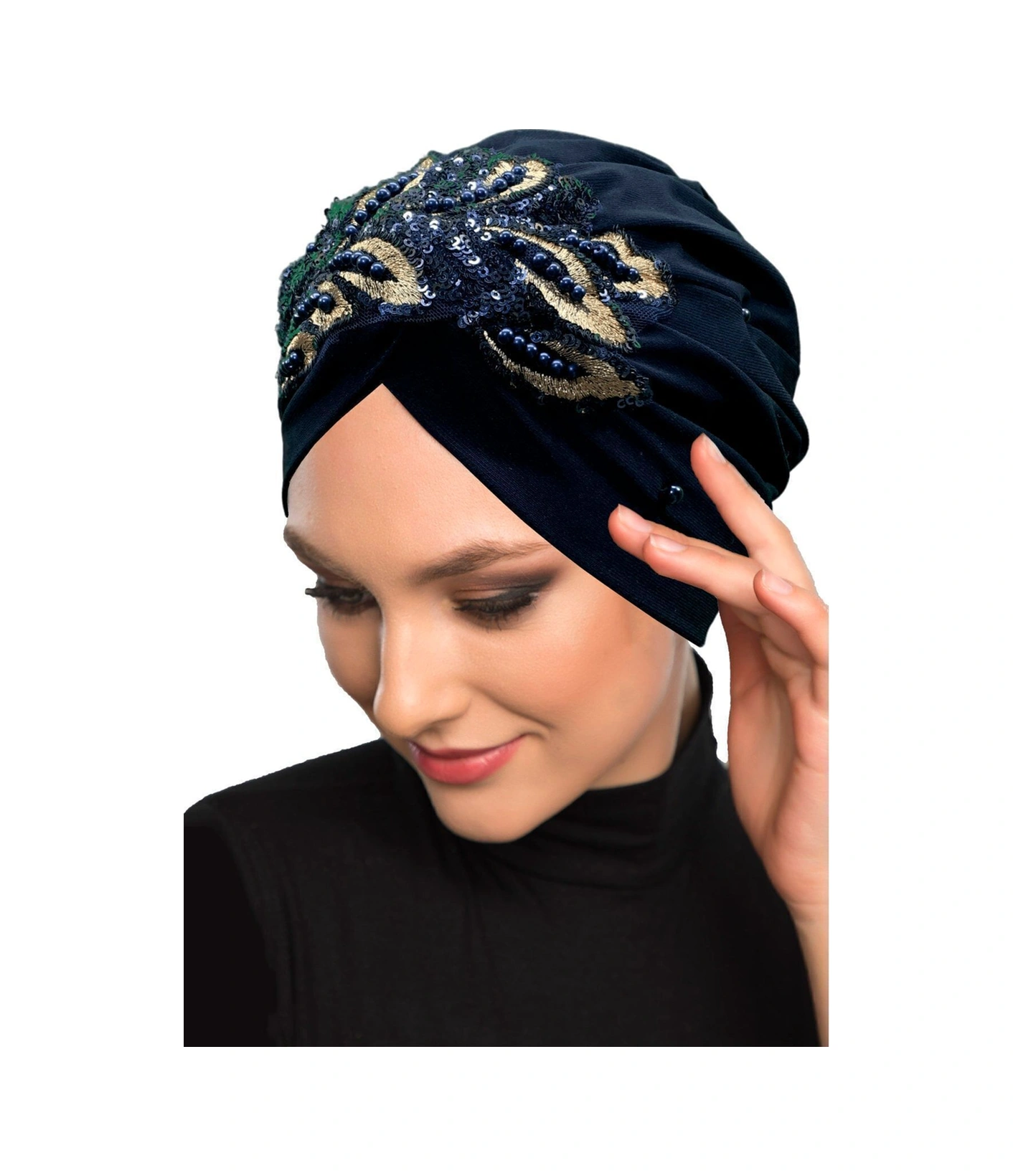 Kopma Astarlı Işlemeli Lacivert Payetli Yaprak Motifli Hazır Türban Tesettür Abiye Bone Lacivert Yaprak