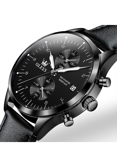 Olevs 2880 Erkekler Çok Fonksiyonlu İş Su Geçirmez Deri Kayış Kuvars İzle Siyah