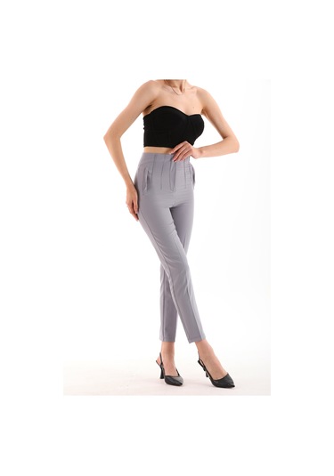 Yüksek Bel Pileli Filota Cep Görünümlü Dabıl Kumaş Pantolon Gri