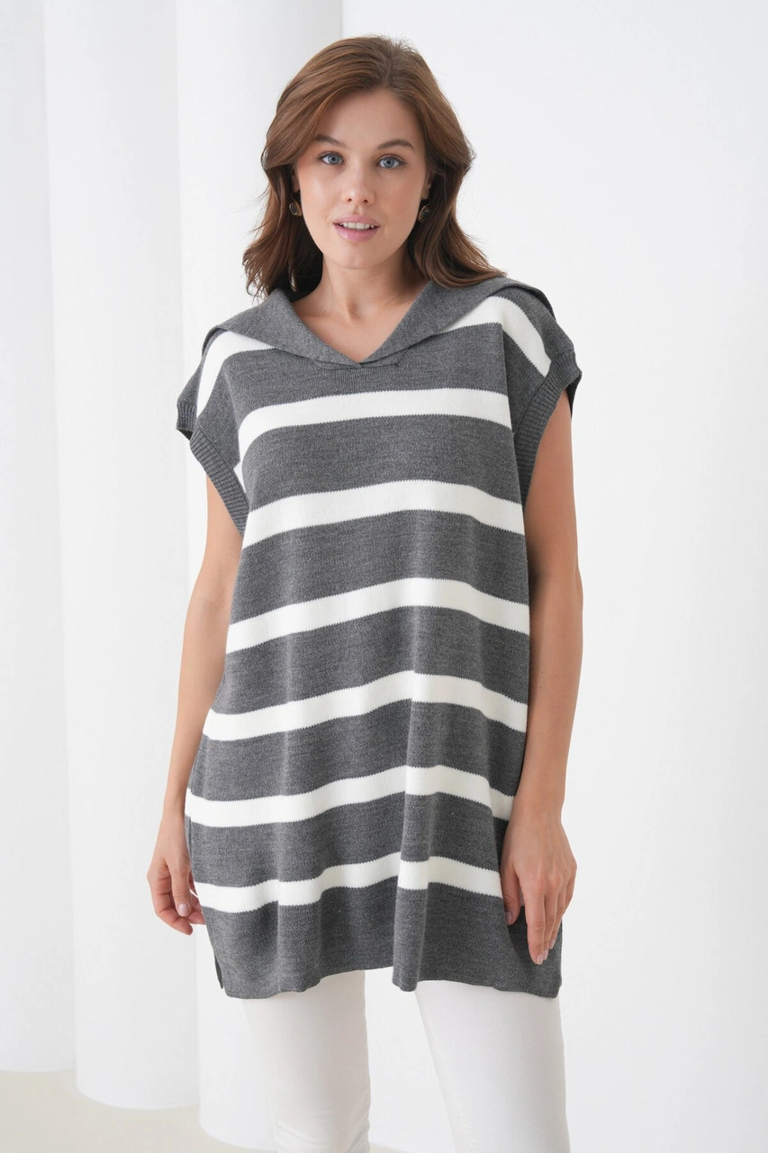 Kadın Kolsuz Gömlek Yaka Triko Tesettüre Uygun Spor Şık Yelek Gri