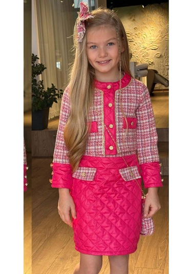 Riccotarz Kız Çocuk Kapitone Ve Altın Şerit Detaylı Şanel Fuşya Etekli Takım Fuşya