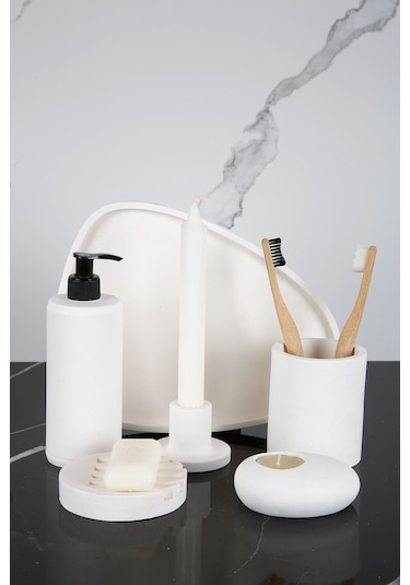 Betonmall 6 Parça Mermer Desenli Beton Banyo Seti Katı Ve Sıvı Sabunluk Mumluk Tütsülük Diş Fırçalığı - Kırıkbeyaz Kırıkbeyaz Kırık Beyaz