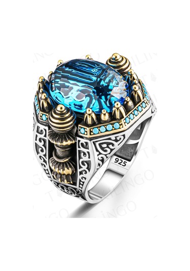 925 Ayar Gümüş Şehzade Kasa Mavi Zirkon Taşlı Usta İşi Erkek Yüzük Gümüş