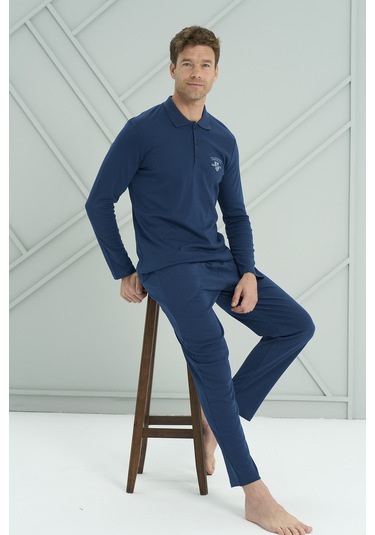 Erkek Interlok Penye Uzun Kol Pijama Takımı 2206 Açık Lacivert Açık Lacivert