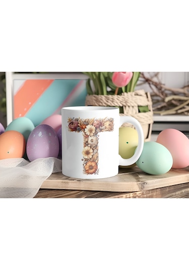 T Harfi Çiçek Desenli Kupa Bardak - Alfabe Harfleri İle Doğal Çiçekli Kupa - Hediye Fikir Beyaz