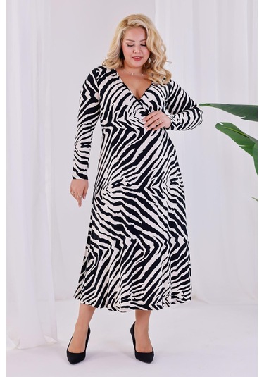 Kadın Siyah Beyaz Zebra Desen Kruvaze Yaka Büyük Beden Esnek Maxi Elbise Siyah - Beyaz
