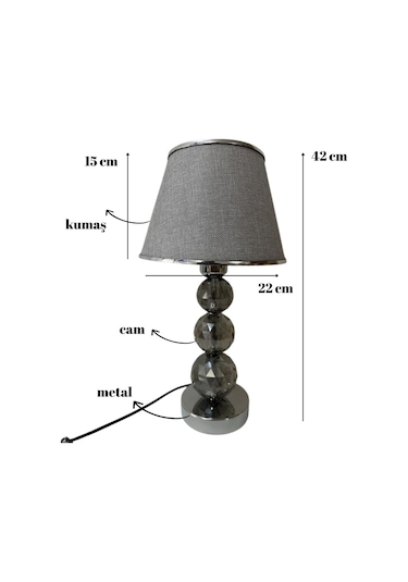 Mooncher Cam Gövdeli Krom Metal Abajur Gümüş Şeritli Gri Kumaş Başlık Gece Lambası Krom