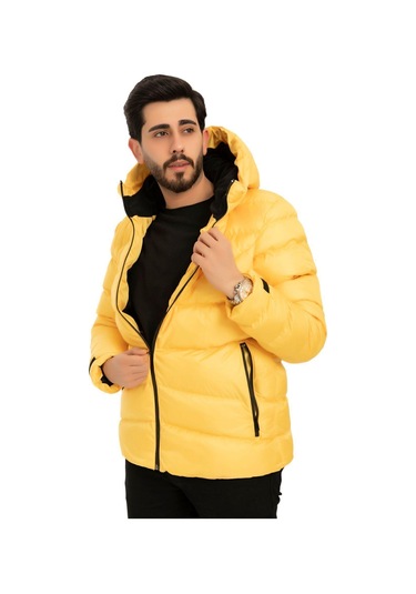 Erkek Kapüşonlu Polarlı Kürklü Su Geçirmez Rüzgara Dayanıklı Şişme Mont Kaban Parka Sarı