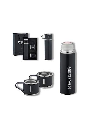 İsime Kişiye Özel Hediye 3 Bardaklı Paslanmaz Çelik Vakumlu Kahve Sıcak Soğuk Kamp Termos Seti Siyah Gri