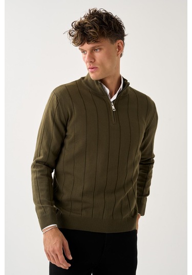 Dikey Dokuma Desenli Fermuarlı Triko Kazak Haki