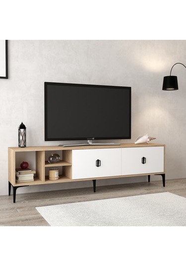 3804 Era Tv Ünitesi 180 Cm 2 Kapaklı Raflı Sepet - Beyaz Tv Sehpası Beyaz - Sepet Çok Renkli