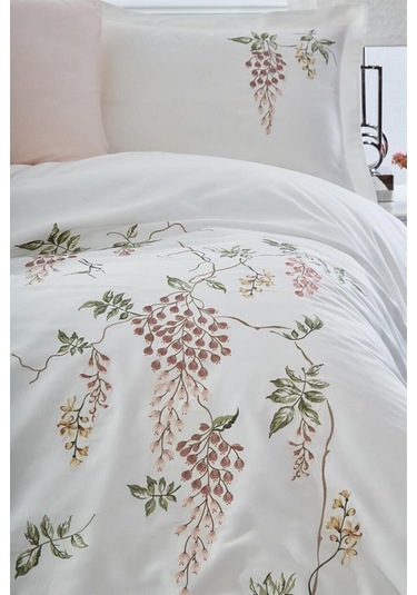 Dantela Salkım Nakışlı Pamuk Saten Nevresim Takımı Ekru