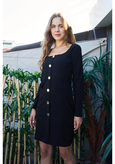 Kadın Likralı Krep Kumaş Kare Yaka Uzun Kol Önü Düğmeli Ofis Ceket Elbise-siyah Siyah