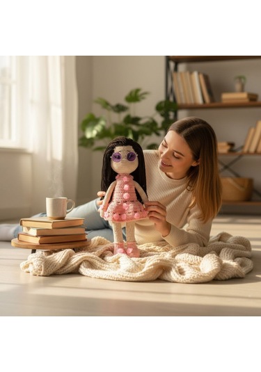 Tığ İşi Sevimli Kız Bebek Amigurumi Örgü Oyuncak Krem - Pembe