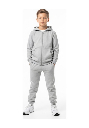 Fyk Kids Fermuarlı Kapüşonlu Kanguru Cepli Düz Baskısız Erkek Çocuk Eşofman Takımı 3'lü - Gri - Siyah - Lacivert