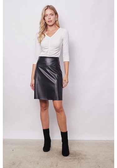 Kadın Hafif Likralı Deri Yüksek Bel Diz Boy Çan Etek-siyah Siyah
