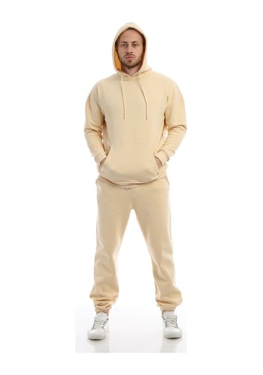 Erkek Kapüşonlu Kanguru Cepli Sweatshirt Krem