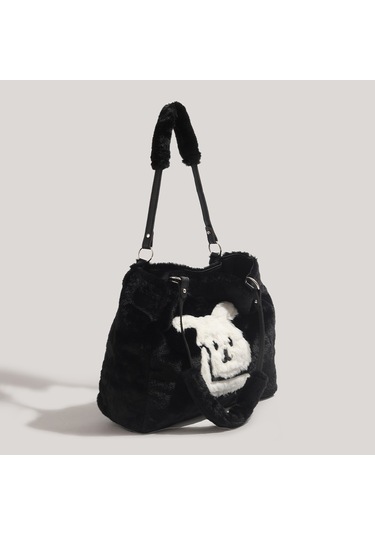 Charhp&kejnt Sonbahar Ve Kış Peluş Çanta Tasarımı Elde Taşınabilen Tüylü Tavşan Tote Çanta Siyah