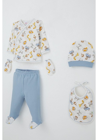 Breeze Erkek Bebek Hastane Çıkışı 5 Li Safari Macerası Sevimli Hayvancıklar Desenli 0-3 Ay, Beyaz Beyaz