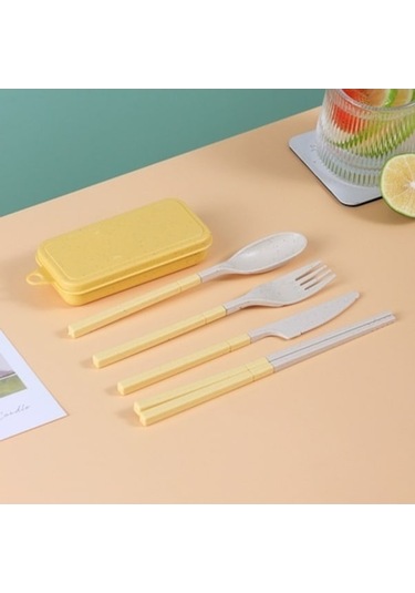 Yeniden Kullanılabilir Seyahat Kamp Beslenme Çantası İçin Kaşık Çatal Set Sarı Sarı
