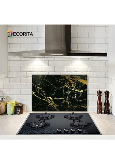Decorıta Cam Ocak Arkası Koruyucu | Altın Çizgili Mermer