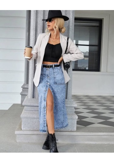 Pass&pass 2102-etk Kadın Likralı Önden Düğmeli Jeans Kot Denim Uzun Etek Kar Çok Renkli