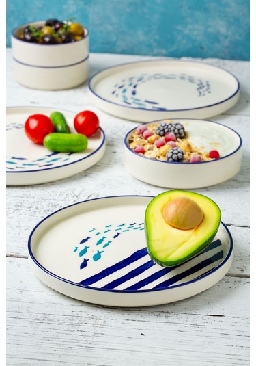 Kevin Seramik Hand Made 14 Parça 6 Kişilik Marin Kahvaltı Takımı Beyaz - Mavi