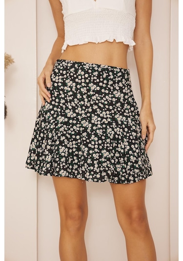 Darlin Moda Siyah Çiçek Desenli Mini Şort Etek Dm2024 Siyah