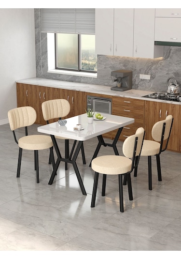 Azra 70x110cm Beyaz Mutfak Masası, Mutfak Masası Takımı, Yemek Masası, 4 Krem Sandalye Krem
