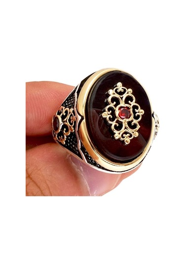 Vog Otantik Tasarım Kırmızı Taşlı 925 Ayar Gümüş Erkek Yüzük