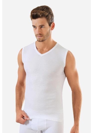 3 Adet Beyaz Kolsuz Erkek Atlet V Yaka Sıfır Kol Tişört %100 Pamuklu Beyaz