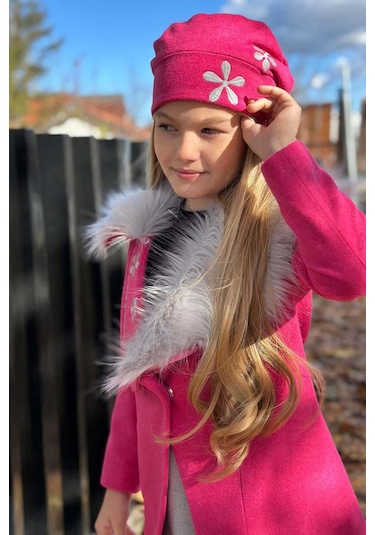 Riccotarz Kız Çocuk Yakası Kürk Ve Yonca Detaylı Etekli Fuşya Kaşe Fuşya