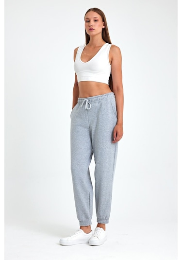 Kadın Gri Pamuklu Kalın Paçası Lastikli Yüksek Bel Rahat Jogger Eşofman Altı Gri