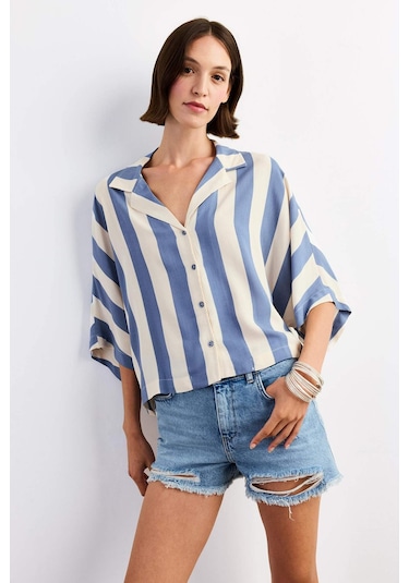 Defacto Oversize Geniş Kalıp Çizgili Kısa Kollu Gömlek G1324ax25smbe472 Mavi